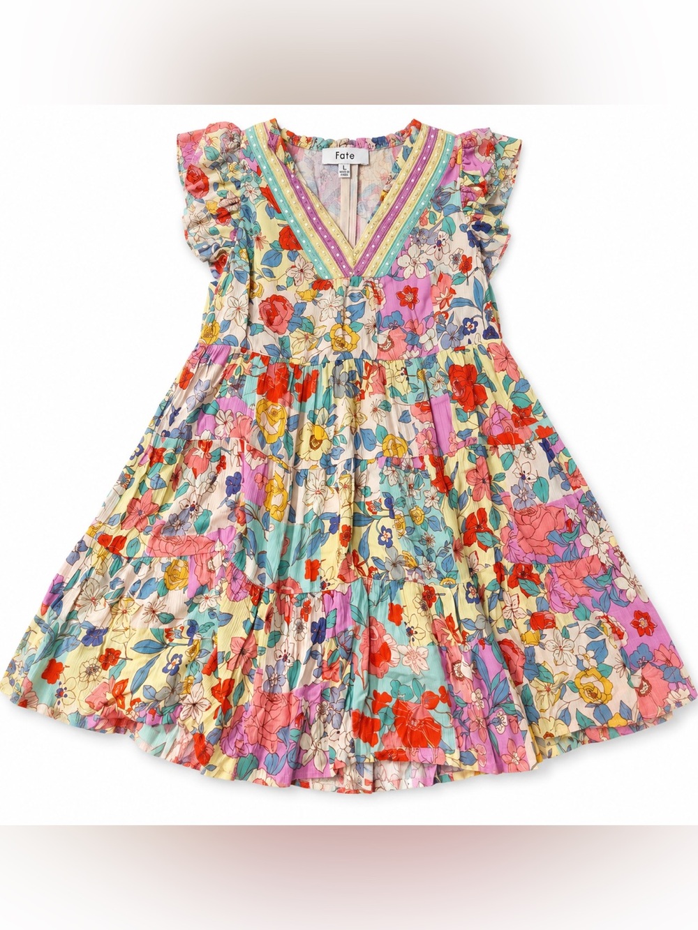 Fate Women’s Large Floral Tiered Boho Dress Multicolor Ruffle V Neck